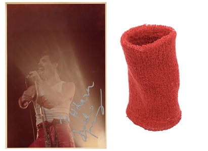 Queen 1981 Japan Budokan Live Concert Photo Autographed by Freddie Mercury with Stage Worn Red Wristband w COA