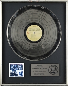 Rolling Stones 1980 Emotional Rescue RIAA Platinum Record Award Presented to Sheldon Vogel