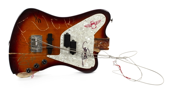 Motley Crue 1980s - 1990s Nikki Sixx Stage Used, Smashed, and Band Autographed Thunderbird Bass Body w COA