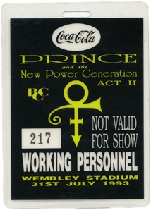 Prince 1993 Wembley Stadium Working Personnel Pass w/COA