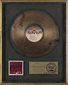 KISS 1977 Alive II Full Band Autographed RIAA Gold Record Award Presented to Stan Styers 