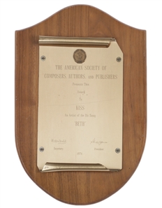KISS 1976 Beth Exceedingly Rare ASCAP Award Presented to KISS