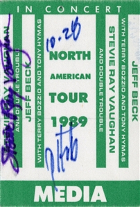 Jeff Beck/Stevie Ray Vaughan 1989 Stevie Ray Vaughan Autographed Satin Photo Tour Pass w COA