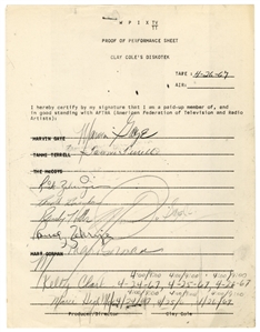 Marvin Gaye 1967 Clay Cole Show Carbon Copy Performance Sheet