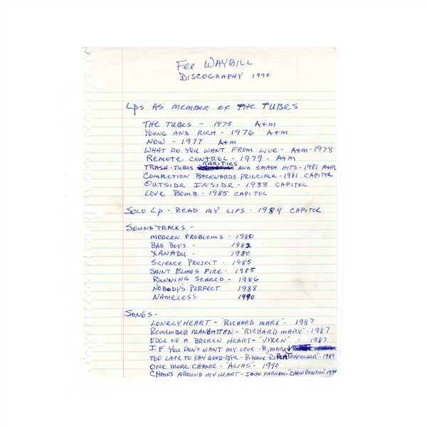 Fee Waybill The Tubes 1990 Handwritten Discography