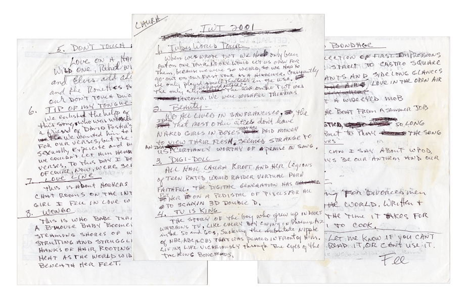The Tubes Fee Waybill 2000 – 2001 The Tubes World Tour 2001 Unused Handwritten Liner Notes