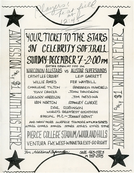 Fee Waybill 1980 Celebrity Softball: Narconon All Stars vs All Star Supersounds Flyer