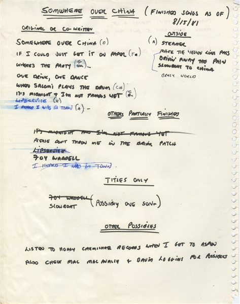Jimmy Buffett “Somewhere Over China” Original Album Linear Notes - The Finished Songs as of 8/15/1981 w COA