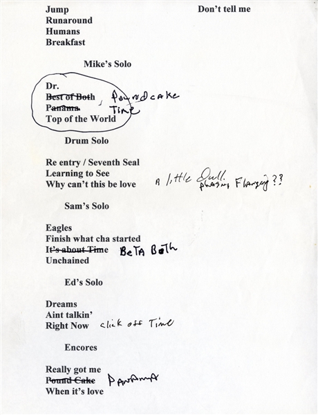 Van Halen Setlist with Handwritten Annotations