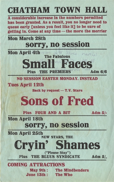 Small Faces 1966 April Chatham Town Hall Handbill