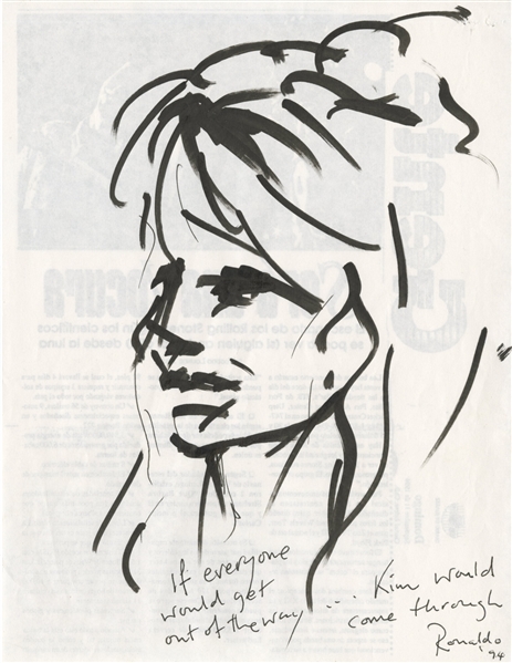 Ronnie Wood 1994 Original Black & White Ink Drawing Signed & Personalized