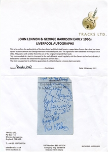 John Lennon and George Harrison Signed Cavern Club Cut w 2 COAs