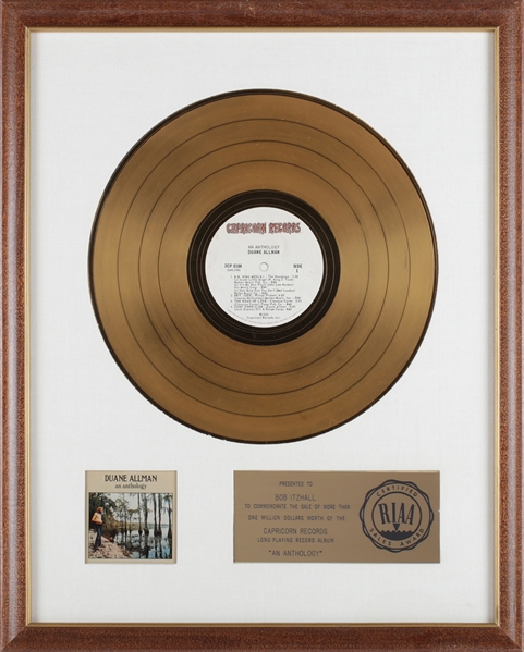 Duane Allman 1972 An Anthology RIAA Gold Record White Matte Award Presented to Bob Itzhall