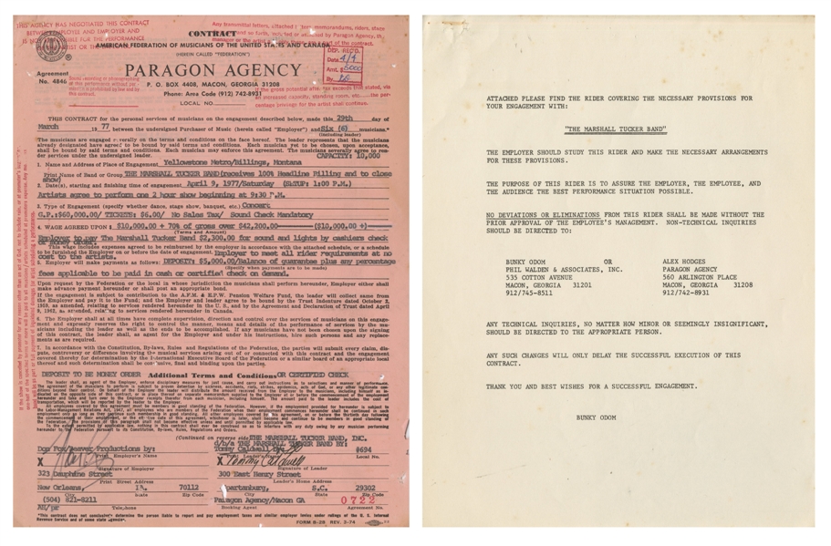 The Marshall Tucker Band 1977 Original Contract and Rider