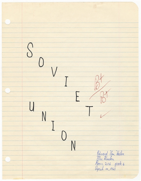 Eddie Van Halen Signed 1967 “Soviet Union” 6th Grade History Homework w COA
