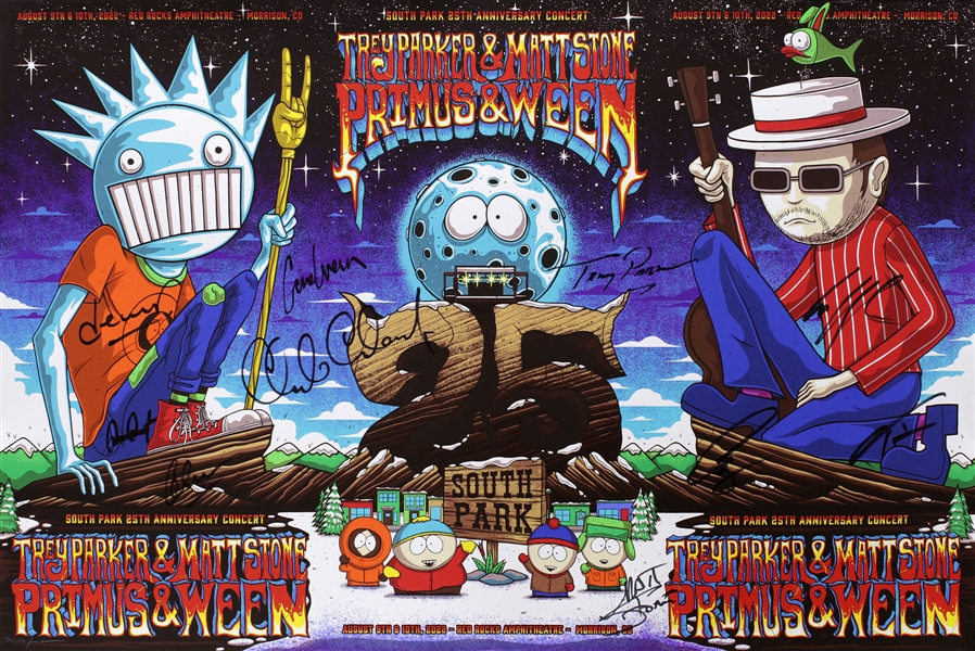 Primus / Ween 2022 South Park 25th Anniversary Uncut Triptych Poster Fully Band Autographed by Primus, Ween & Show Creators