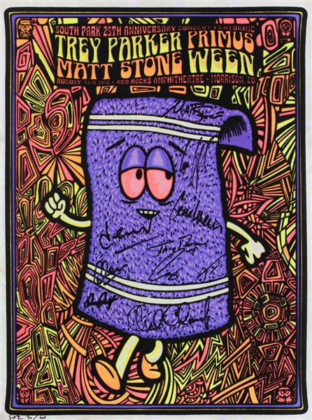 Primus / Ween 2022 South Park 25th Anniversary Black Light Towelie Poster Fully Band Autographed by Primus, Ween & Show Creators