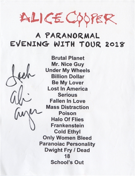 Alice Cooper Signed 2018 Used Setlist w COA