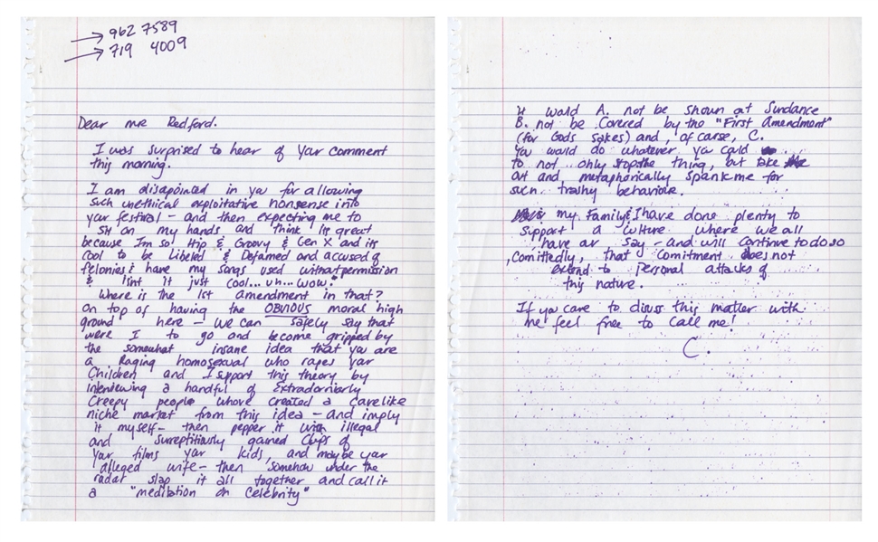 Courtney Love Handwritten & Signed Letter to Robert Redford In Relation To Their Public Feud