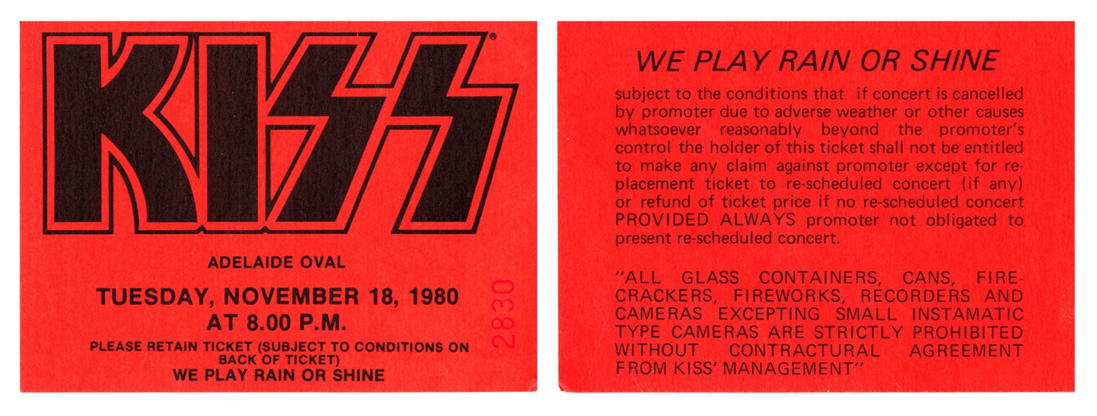 KISS 11/18/1980 Full Concert Ticket
