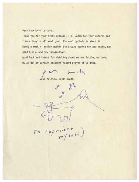 Patti Smith 1970s Handwritten Letter With Drawing w/ COA