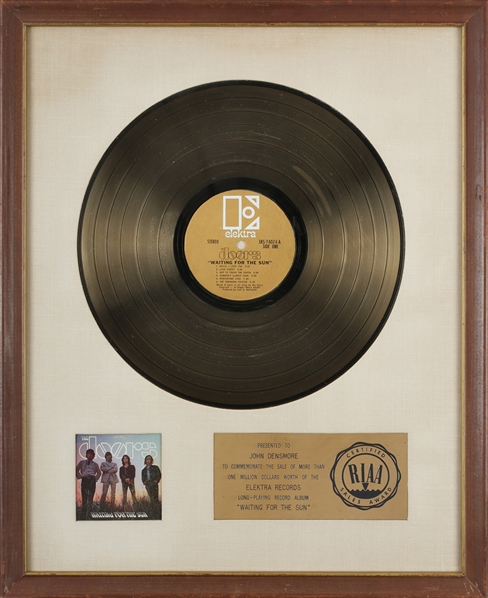 The Doors 1968 Waiting for the Sun RIAA White Linen Gold Record Award Presented to John Densmore
