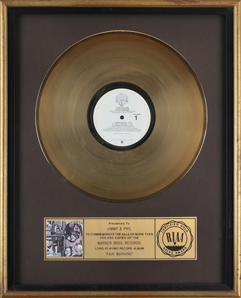 Van Halen 1981 Fair Warning RIAA Gold Record Award Presented to Jimmy & Phil