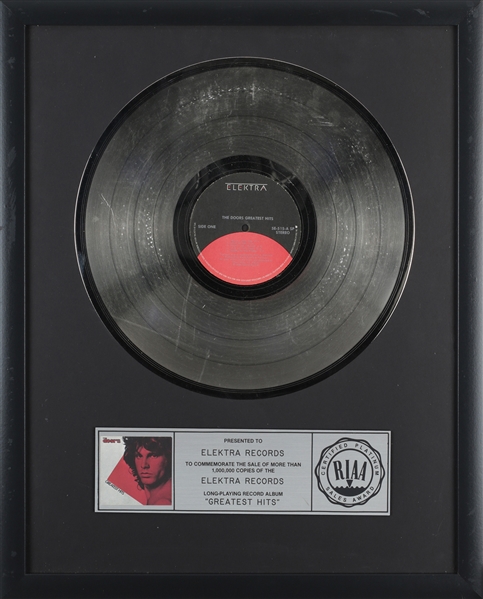 The Doors 1980 Greatest Hits RIAA Platinum Record Award Presented to Elektra Records