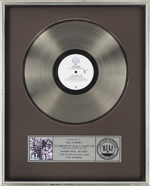 Van Halen 1981 Fair Warning RIAA Platinum Award Presented To Nick DAndrea