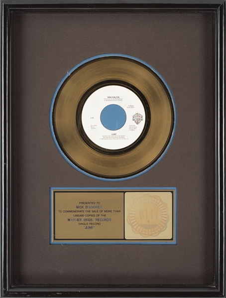 Van Halen 1984 Jump RIAA Single Sales Award Presented To Nick DAndrea