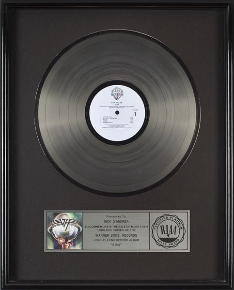 Van Halen 1986 5150 RIAA Platinum Sales Award Presented To Nick DAndrea