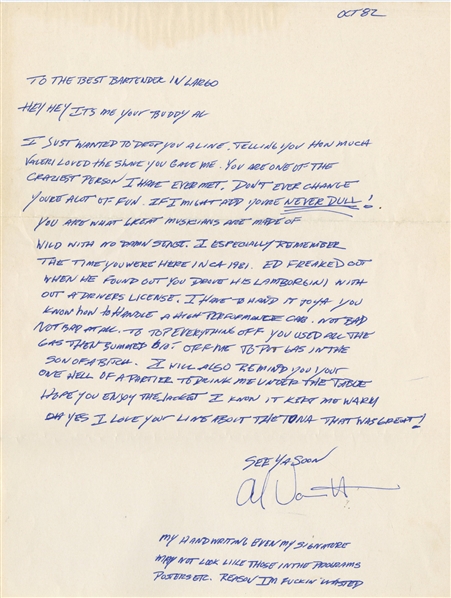 Van Halen 1982 Handwritten Alex Van Halen Letter To Bartender w COA