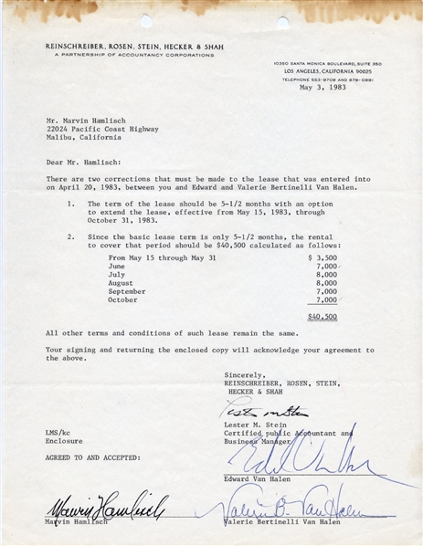 Van Halen 1983 Lease Agreement Document With Corrections Signed By Edward & Valerie w COA