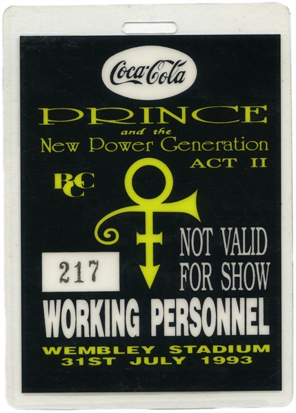 Prince 1993 Wembley Stadium Working Personnel Pass w/COA