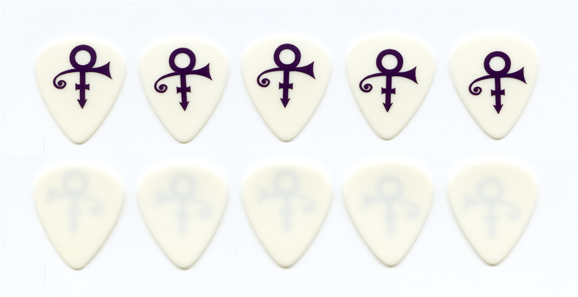 Prince 1990s Bulk Lot of 5 Vinyl Applied Purple Love Symbol White Guitar Picks w/COA