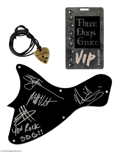 Three Days Grace 2018 Signed Pickguard, VIP Pass & Necklace