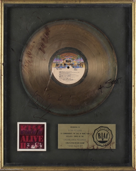 KISS 1977 Alive II Full Band Autographed RIAA Gold Record Award Presented to Stan Styers 