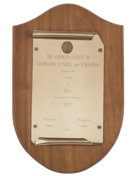 KISS 1976 Beth Exceedingly Rare ASCAP Award Presented to KISS