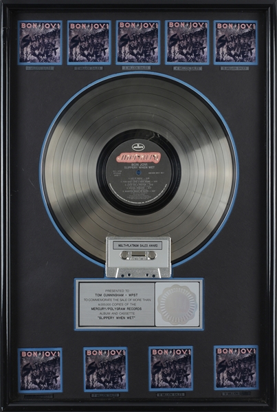 Bon Jovi 1986 Slippery When Wet RIAA 9x Platinum Sales Award Presented to Tom Cunningham - WPST