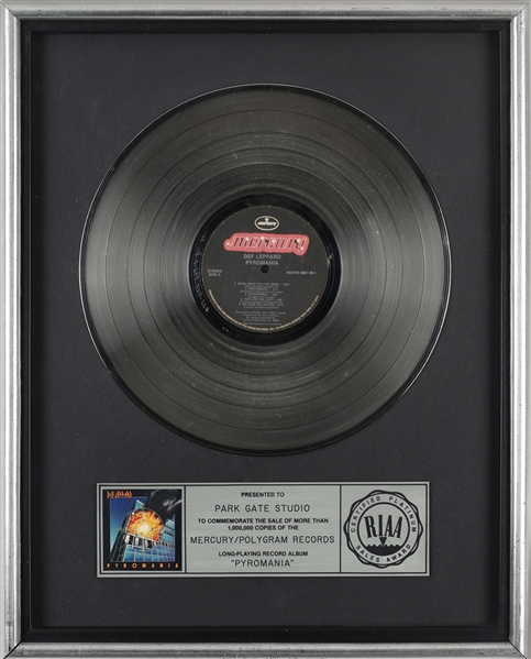 Def Leppard 1983 Pyromania RIAA Platinum Record Award Presented to Park Gate Studio