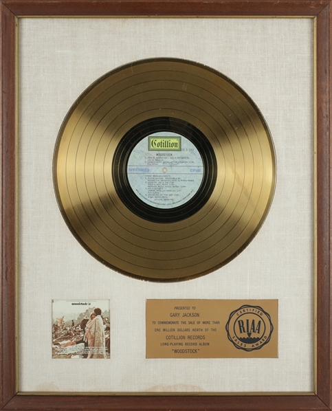 Woodstock 1970 Music from Original Motion Picture Soundtrack RIAA White Linen Gold Record Award Presented to Gary Jackson