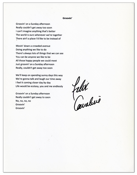 Rascals 1967 Groovin Lyrics Autographed by Felix Cavaliere