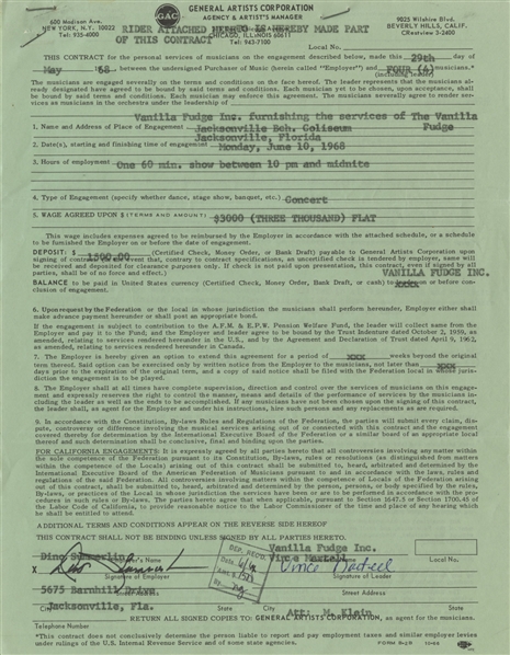 Vanilla Fudge 1968 Vince Martell Signed Jacksonville FL Concert Contract