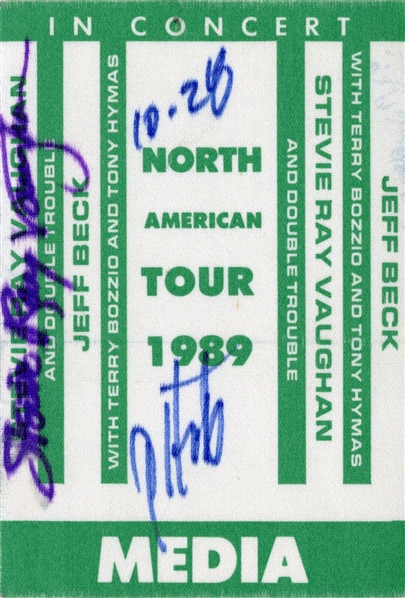 Jeff Beck/Stevie Ray Vaughan 1989 Stevie Ray Vaughan Autographed Satin Photo Tour Pass w COA