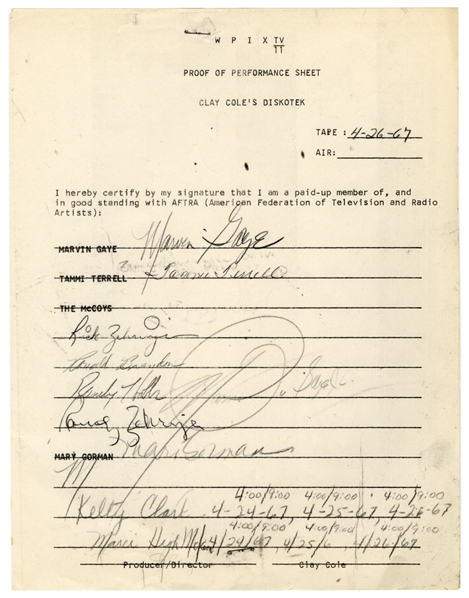 Marvin Gaye 1967 Clay Cole Show Carbon Copy Performance Sheet