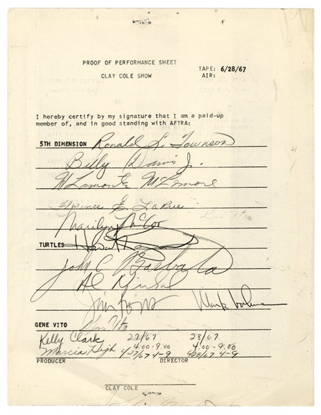 The Turtles Flo & Eddie 1967 Clay Cole Show Carbon Copy Performance Sheet