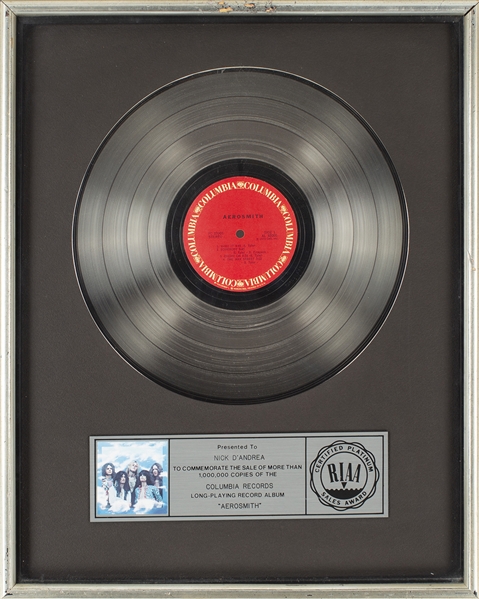 Aerosmith 1973 Aerosmith RIAA Platinum Award Presented To Nick DAndrea