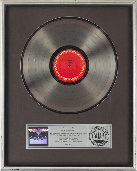 Aerosmith 1976 Rocks RIAA Platinum Award Presented To Nick DAndrea
