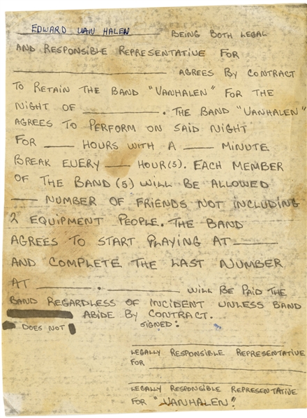 Van Halen 1974 Handwritten Earliest Known Band Blank Contract Mimeograph With COA