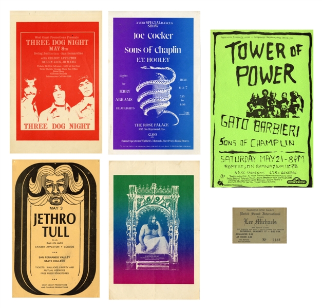 Classic Rock 1969-1977 Lot of 5 West Coast Concert Handbills & Concert Ticket With COA